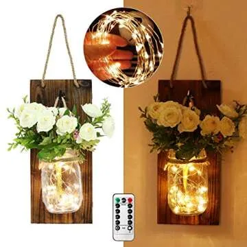 AerWo 2Pcs Mason Jar Sconces Wall Decor, Handmade Rustic wall Sconces with LED Fairy Lights and Flowers, Hanging Mason Jar for Farmhouse Kitchen Decorations Wall Decor