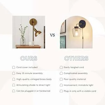 Nathan James Tamlin Vintage Brass Wall Light Fixture, Wall Mounted 1-Light Lamp, Plugin Sconce with On/Off Switch for Living Room, Reading Nook or Bedroom, Brass