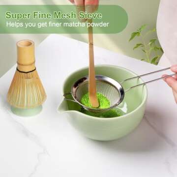 GLHXOOIR Matcha Kit Set, Matcha Bowl with Pouring Spout,Matcha Whisk and Holder, Bamboo Matcha Scoop and Stainless Steel Sifter, Premium Christmas Gifts for Womens Men Wives Mom