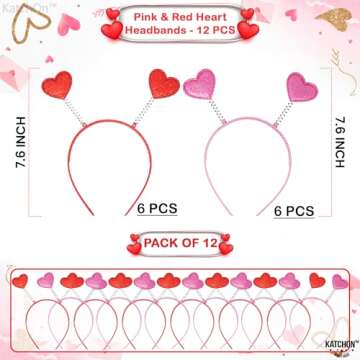 KatchOn, Glitter Pink and Red Heart HeadBand - Pack of 12 | Valentines Day Heart Head Boppers for Va...