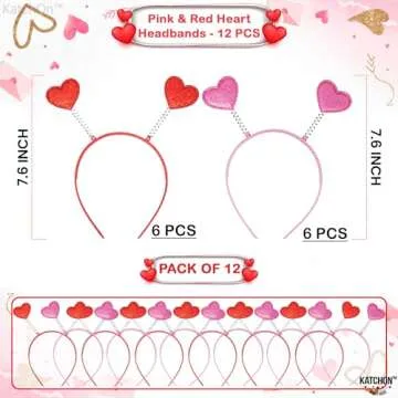 KatchOn Pack of 12 Glitter Pink and Red Heart Headbands | Perfect for Valentine's Day Celebrations