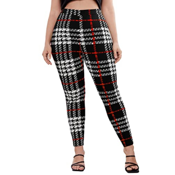 Floerns Women's Plus Size Plaid Pants Leggings Stretchy Elastic Waist Work Skinny Pants Black Plaid ...