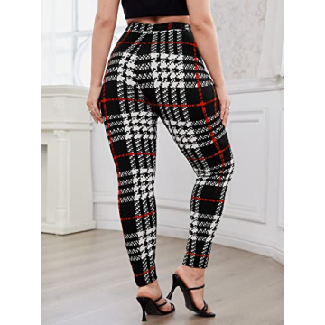 Floerns Women's Plus Size Plaid Pants Leggings Stretchy Elastic Waist Work Skinny Pants Black Plaid 3XL