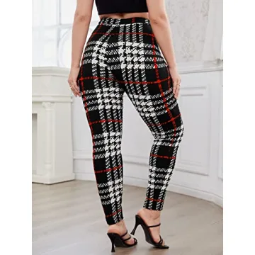 Floerns Women's Plus Size Plaid Pants Leggings Stretchy Elastic Waist Work Skinny Pants Black Plaid 3XL
