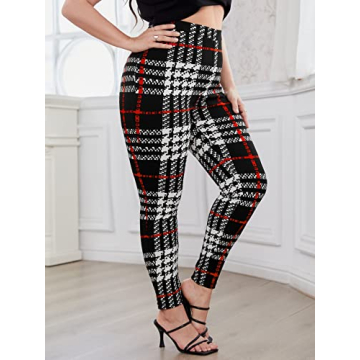 Floerns Women's Plus Size Plaid Pants Leggings Stretchy Elastic Waist Work Skinny Pants Black Plaid 3XL