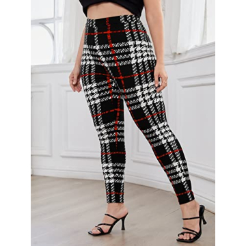 Floerns Women's Plus Size Plaid Pants Leggings Stretchy Elastic Waist Work Skinny Pants Black Plaid 3XL