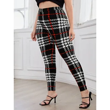 Floerns Women's Plus Size Plaid Pants Leggings Stretchy Elastic Waist Work Skinny Pants Black Plaid 3XL