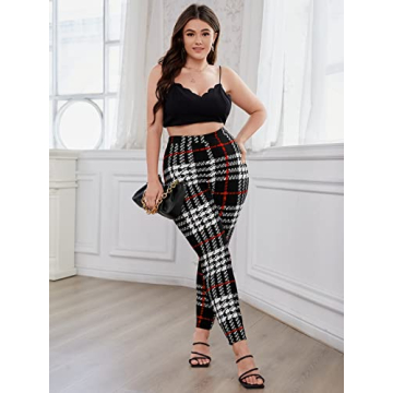 Floerns Women's Plus Size Plaid Pants Leggings Stretchy Elastic Waist Work Skinny Pants Black Plaid 3XL