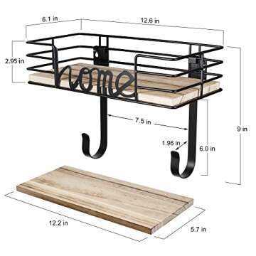 TJ.MOREE Ironing Board Hanger Wall Mount - Laundry Room Decor Iron and Ironing Board Holder with Large Storage Wooden Base Basket and Removable Hooks (Black)