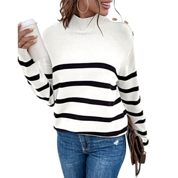LONGYUAN Womens Turtleneck Striped Fall Pullover Sweater Long Sleeve Casual Jumper Button Tops B-Whi...