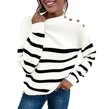 LONGYUAN Womens Turtleneck Striped Fall Pullover Sweater Long Sleeve Casual Jumper Button Tops B-White L