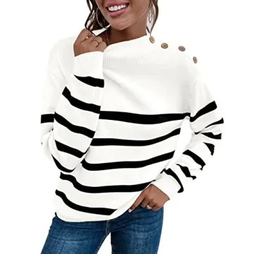LONGYUAN Womens Turtleneck Striped Fall Pullover Sweater Long Sleeve Casual Jumper Button Tops B-White L