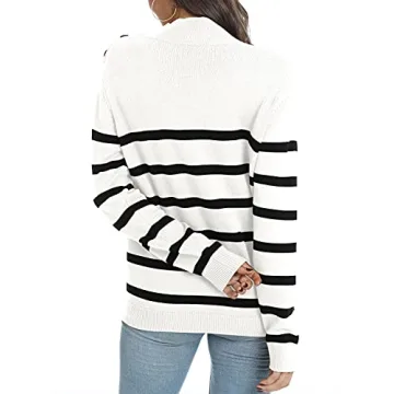 LONGYUAN Womens Turtleneck Striped Fall Pullover Sweater Long Sleeve Casual Jumper Button Tops B-White L