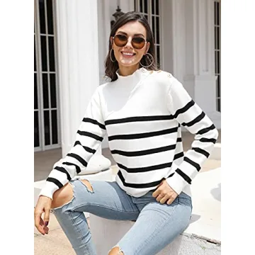 LONGYUAN Womens Turtleneck Striped Fall Pullover Sweater Long Sleeve Casual Jumper Button Tops B-White L