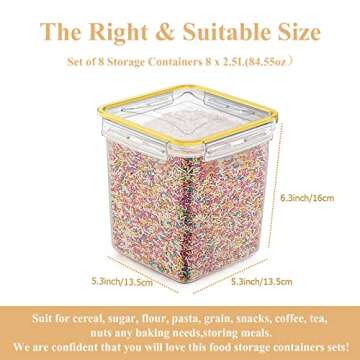 Blingco Cereal Container Food Storage Containers, Set of 8 (2.5L/84.55oz) Airtight Dry Food Storage Containers with Lids - BPA Free Plastic for Flour, Cereal and Pantry Storage Containers