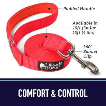 Leash Boss 15 Foot Dog Leash with Padded Handle - Long Leash for Hiking, Camping, Exploring, or Walk...