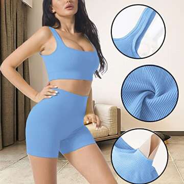Workout Sets for Women, Cut Seamless Crop Tank Leggings Matching Sets 2 Pieces Outfits, Sexy Two Piece Workout Outfits 3 Pieces(Light Sky Blue-M)
