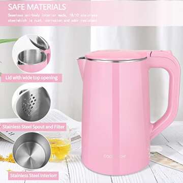 COOKTRON 1.7L Electric Kettle Quiet, Double Wall Hot Water Boiler BPA-Free, Quiet Boil and Cool Touch Tea Kettle, Cordless with Auto Shut-Off & Boil Dry Protection, 1500W Fast Boiling, Pink