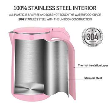 COOKTRON 1.7L Electric Kettle Quiet, Double Wall Hot Water Boiler BPA-Free, Quiet Boil and Cool Touch Tea Kettle, Cordless with Auto Shut-Off & Boil Dry Protection, 1500W Fast Boiling, Pink