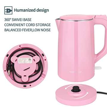 COOKTRON 1.7L Electric Kettle Quiet, Double Wall Hot Water Boiler BPA-Free, Quiet Boil and Cool Touch Tea Kettle, Cordless with Auto Shut-Off & Boil Dry Protection, 1500W Fast Boiling, Pink
