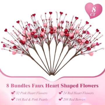 Alupssuc 8 PCS Valentine's Day Gifts, Artificial Red Berry Flower Stems Pink Heart Shaped Berries Pi...