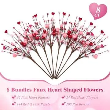 Alupssuc 8 PCS Valentine's Day Gifts, Artificial Red Berry Flower Stems Pink Heart Shaped Berries Pi...