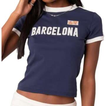 Pokn Vintage Graphic Baby Tees for Women Brazil Shirt Y2k Tops Mexico Crop Jersey 2000s Summer Going Out Tops (Barcelona,S,Small)