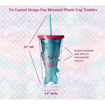 Mermaid Insulated Plastic Tumbler Cup: Tri-Coastal Design Reusable Shatterproof Drinking Glass Tumblerswith Lid & Straw - Double Wall BPA Free Dishwasher Safe Glassware Cups - Mermaid Vibes