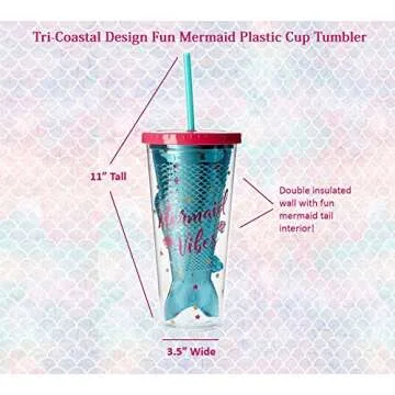 Mermaid Insulated Plastic Tumbler Cup: Tri-Coastal Design Reusable Shatterproof Drinking Glass Tumblerswith Lid & Straw - Double Wall BPA Free Dishwasher Safe Glassware Cups - Mermaid Vibes