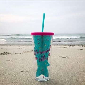 Mermaid Insulated Plastic Tumbler Cup: Tri-Coastal Design Reusable Shatterproof Drinking Glass Tumblerswith Lid & Straw - Double Wall BPA Free Dishwasher Safe Glassware Cups - Mermaid Vibes