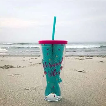 Mermaid Insulated Plastic Tumbler Cup: Tri-Coastal Design Reusable Shatterproof Drinking Glass Tumblerswith Lid & Straw - Double Wall BPA Free Dishwasher Safe Glassware Cups - Mermaid Vibes
