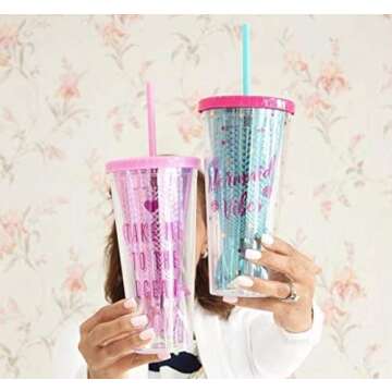 Mermaid Insulated Plastic Tumbler Cup: Tri-Coastal Design Reusable Shatterproof Drinking Glass Tumblerswith Lid & Straw - Double Wall BPA Free Dishwasher Safe Glassware Cups - Mermaid Vibes