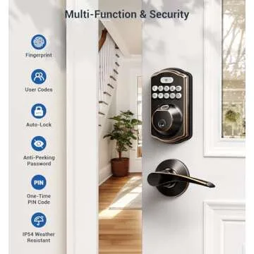 Veise Fingerprint Door Lock with 2 Lever Handles - Keyless Entry Door Lock, Electronic Keypad Deadbolt, Digital Smart Code & Front Handle Sets, Auto-Locking, Easy Installation, Oil Rubbed Bronze