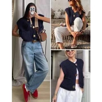 Yimoon Women’s Chunky Knit Cropped Sweater Vest with Pockets