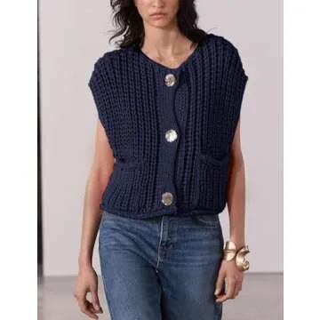 Yimoon Women’s Chunky Knit Cropped Sweater Vest with Pockets