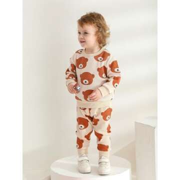 Toddler Baby Boy Clothes Infant Long Sleeve Bear Print Tops + Pants Sweatsuit Waffle Outfits (6-9 Mo...