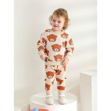 Toddler Baby Boy Clothes Infant Long Sleeve Bear Print Tops + Pants Sweatsuit Waffle Outfits (6-9 Months) Khaki