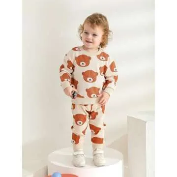 Toddler Baby Boy Clothes Infant Long Sleeve Bear Print Tops + Pants Sweatsuit Waffle Outfits (6-9 Months) Khaki