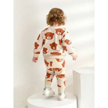 Toddler Baby Boy Clothes Infant Long Sleeve Bear Print Tops + Pants Sweatsuit Waffle Outfits (6-9 Months) Khaki