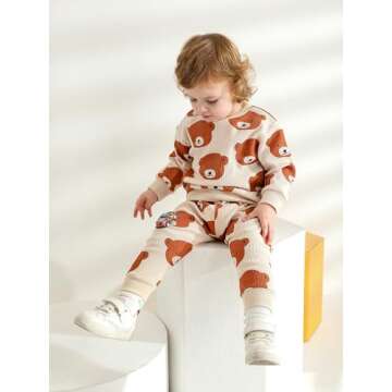 Toddler Baby Boy Clothes Infant Long Sleeve Bear Print Tops + Pants Sweatsuit Waffle Outfits (6-9 Months) Khaki