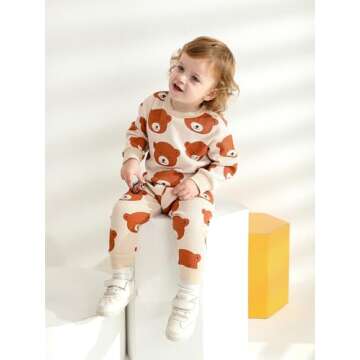 Toddler Baby Boy Clothes Infant Long Sleeve Bear Print Tops + Pants Sweatsuit Waffle Outfits (6-9 Months) Khaki