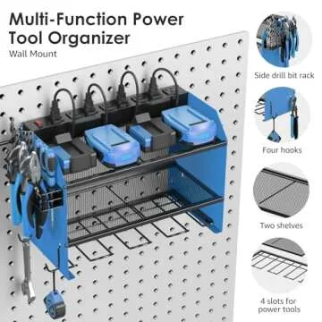 CCCEI Modular Power Tool Organizer Wall Mount with Charging Station. Garage 4 Drill Storage Shelf with Hooks, Screwdriver, Drill Bit Heavy Duty Rack, Tool Battery Holder Built in 8 Outlet Power Strip.