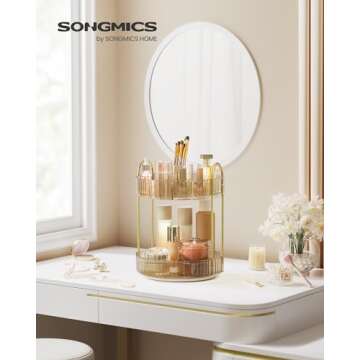 SONGMICS Makeup Organizer, 2-Tier Round Rotating Skincare Organizer Countertop, Customizable, Toiletries Vanity Organizer, Lazy Susan, Gift, Champagne Gold UJKA012A01