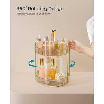 SONGMICS Makeup Organizer, 2-Tier Round Rotating Skincare Organizer Countertop, Customizable, Toiletries Vanity Organizer, Lazy Susan, Gift, Champagne Gold UJKA012A01