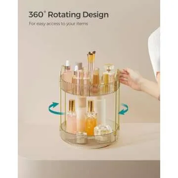 SONGMICS Makeup Organizer, 2-Tier Round Rotating Skincare Organizer Countertop, Customizable, Toiletries Vanity Organizer, Lazy Susan, Gift, Champagne Gold UJKA012A01