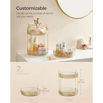 SONGMICS Makeup Organizer, 2-Tier Round Rotating Skincare Organizer Countertop, Customizable, Toiletries Vanity Organizer, Lazy Susan, Gift, Champagne Gold UJKA012A01