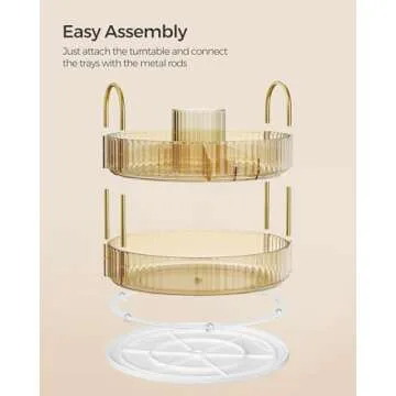 SONGMICS Makeup Organizer, 2-Tier Round Rotating Skincare Organizer Countertop, Customizable, Toiletries Vanity Organizer, Lazy Susan, Gift, Champagne Gold UJKA012A01