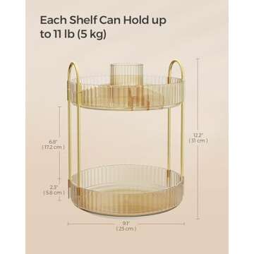 SONGMICS Makeup Organizer, 2-Tier Round Rotating Skincare Organizer Countertop, Customizable, Toiletries Vanity Organizer, Lazy Susan, Gift, Champagne Gold UJKA012A01