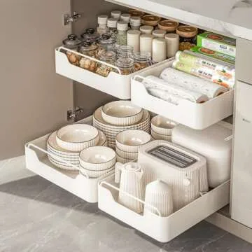 weykings Pull Out Cabinet Organizer Fixed with Adhesive Nano Film, Heavy Duty Slide Out Pantry Shelves, Holds Cutlery, Spice Bottles, Sliding Drawer Storage Rack for Kitchen, Home (12.2'' Width)…