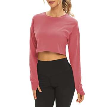 Mippo Long Sleeve Crop Top Workout Shirts Athletic Gym Active Wear Loose Cropped Sweaters Oversized Tshirts Rose S